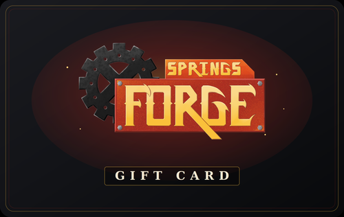 Springs Forge gift card featuring the Springs Forge logo on a dark forge-ember background